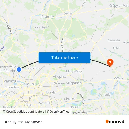 Andilly to Monthyon map