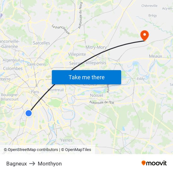 Bagneux to Monthyon map