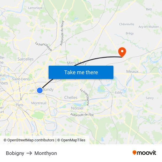 Bobigny to Monthyon map