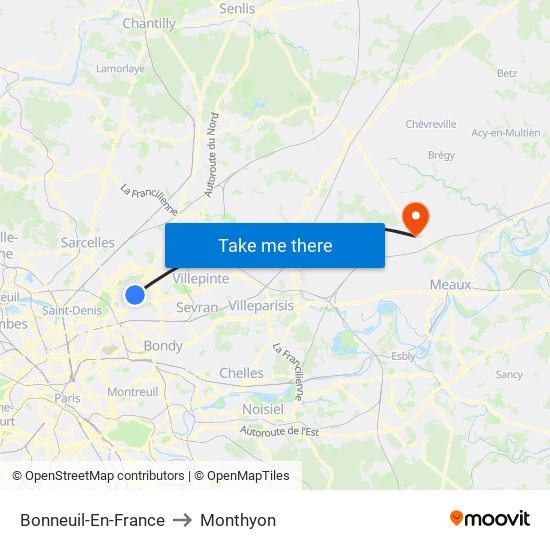 Bonneuil-En-France to Monthyon map