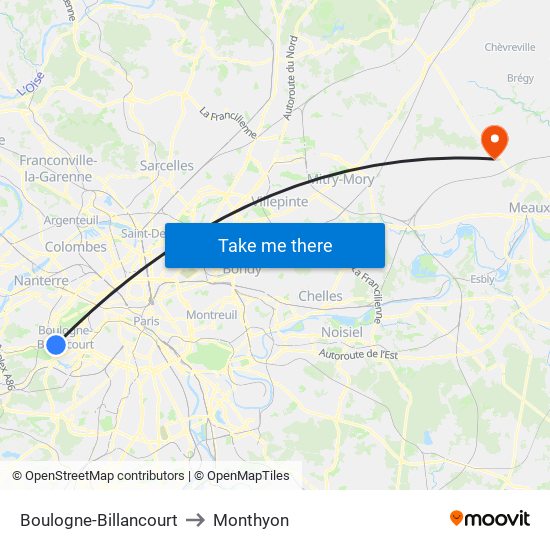 Boulogne-Billancourt to Monthyon map