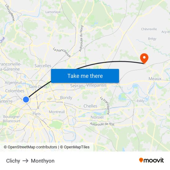 Clichy to Monthyon map