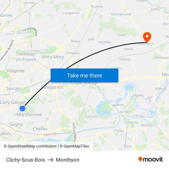 Clichy-Sous-Bois to Monthyon map