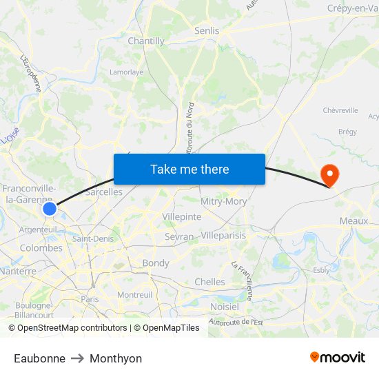 Eaubonne to Monthyon map