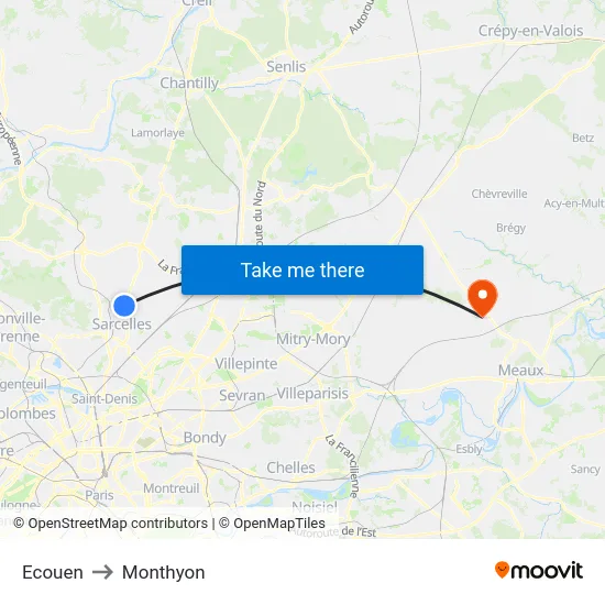 Ecouen to Monthyon map