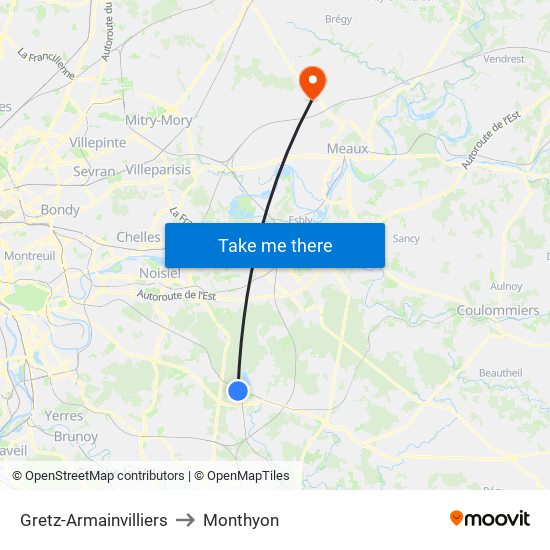 Gretz-Armainvilliers to Monthyon map