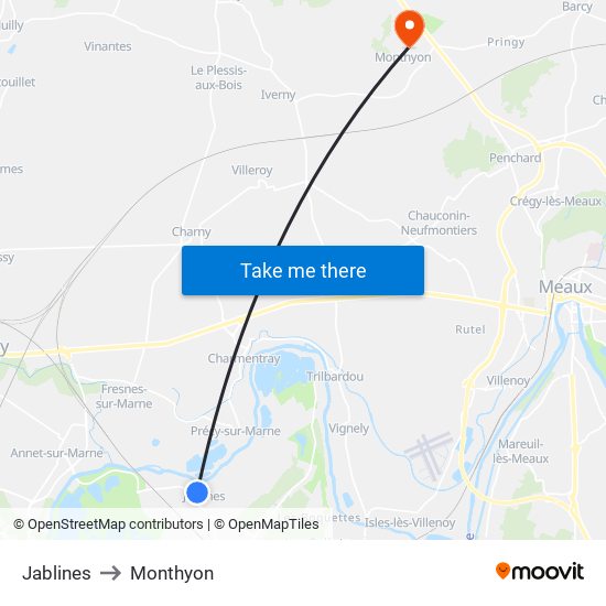 Jablines to Monthyon map