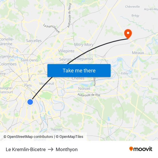 Le Kremlin-Bicetre to Monthyon map