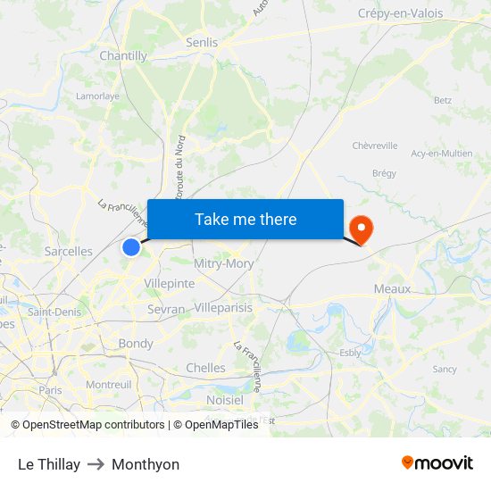 Le Thillay to Monthyon map