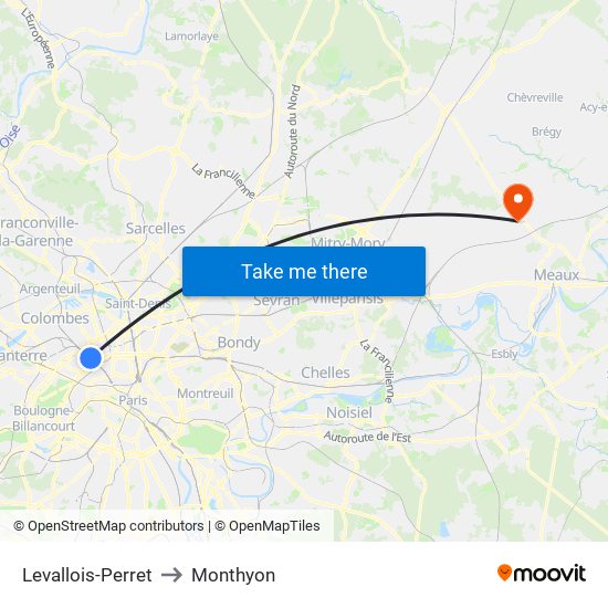 Levallois-Perret to Monthyon map