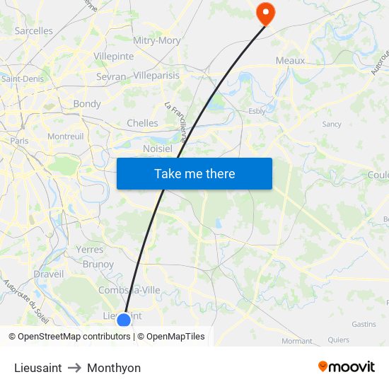 Lieusaint to Monthyon map