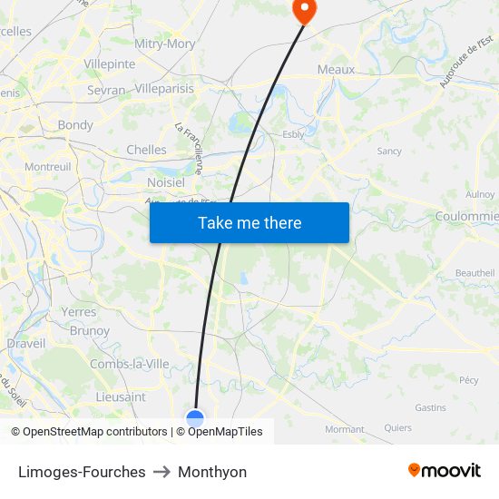 Limoges-Fourches to Monthyon map