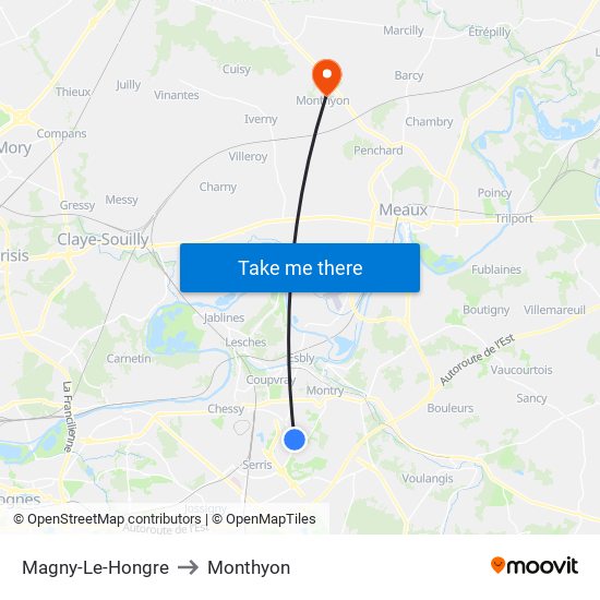 Magny-Le-Hongre to Monthyon map