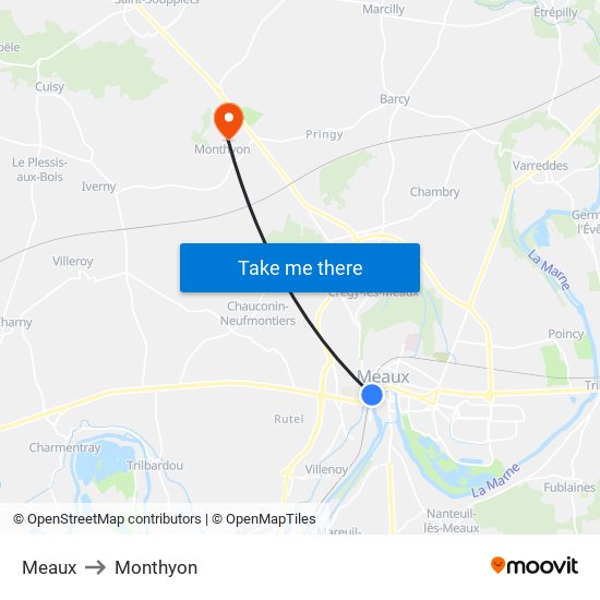 Meaux to Monthyon map