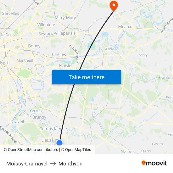 Moissy-Cramayel to Monthyon map