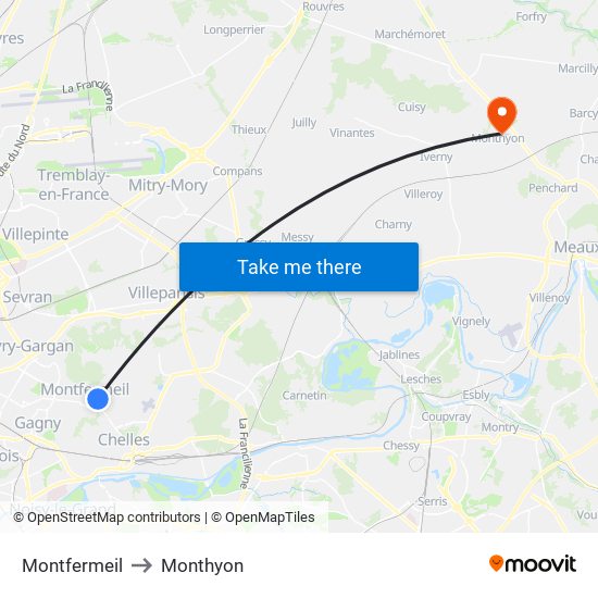 Montfermeil to Monthyon map