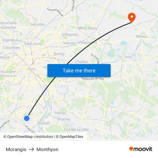 Morangis to Monthyon map