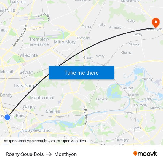 Rosny-Sous-Bois to Monthyon map