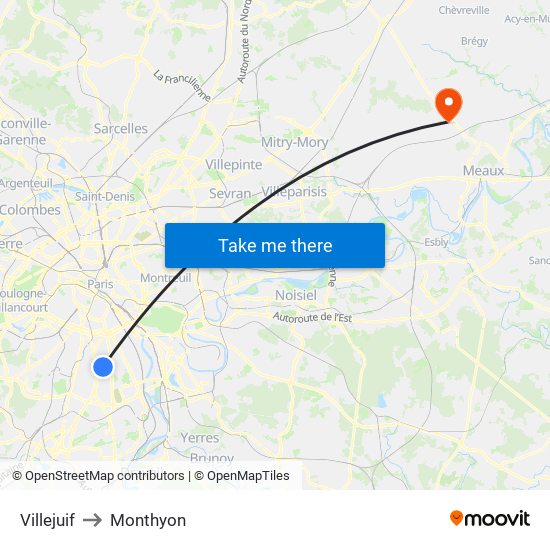 Villejuif to Monthyon map