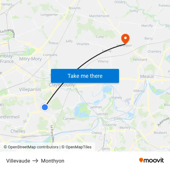 Villevaude to Monthyon map