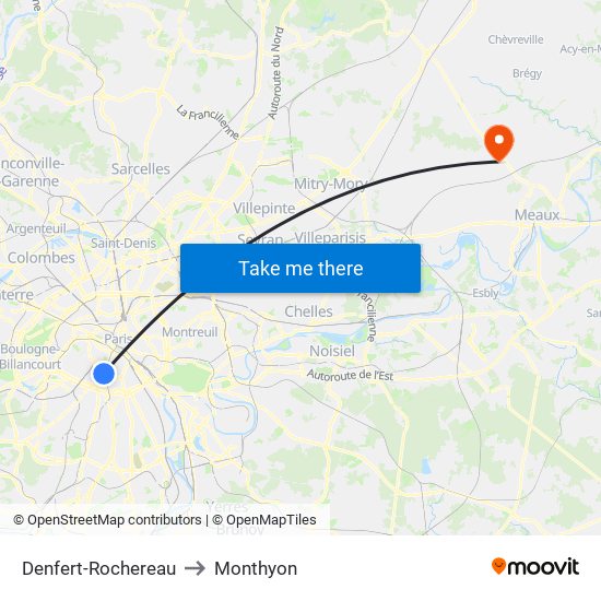 Denfert-Rochereau to Monthyon map