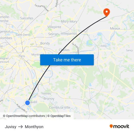 Juvisy to Monthyon map
