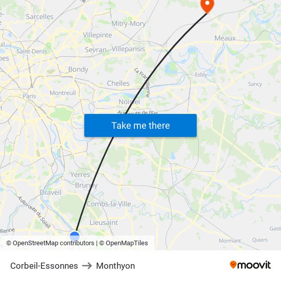 Corbeil-Essonnes to Monthyon map