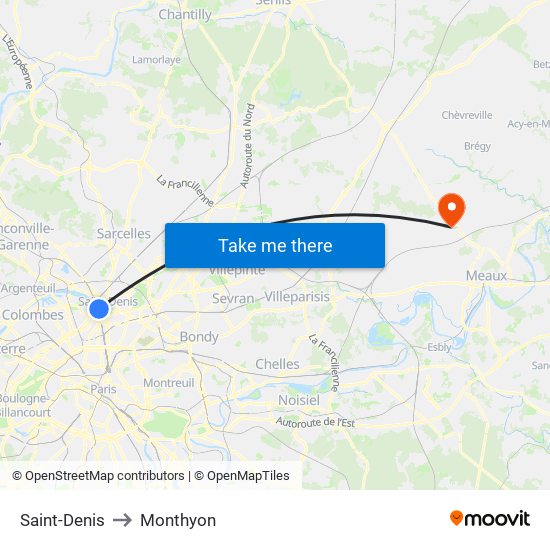 Saint-Denis to Monthyon map