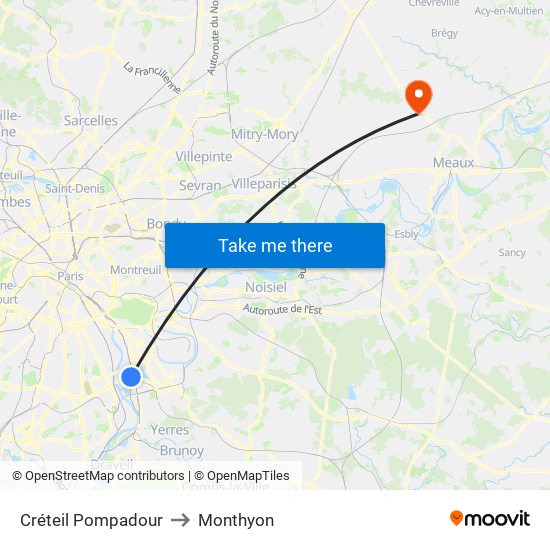 Créteil Pompadour to Monthyon map