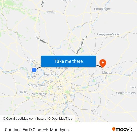 Conflans Fin D'Oise to Monthyon map