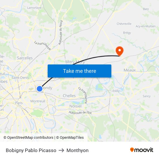 Bobigny Pablo Picasso to Monthyon map