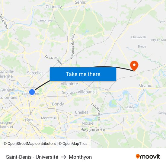 Saint-Denis - Université to Monthyon map