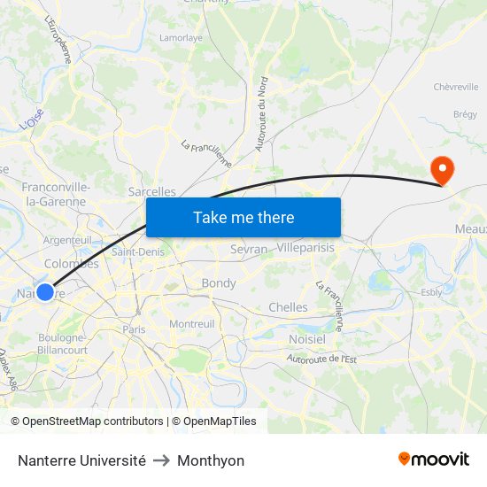 Nanterre Université to Monthyon map