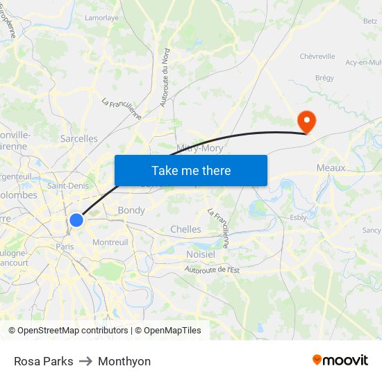 Rosa Parks to Monthyon map