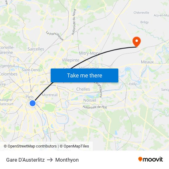 Gare D'Austerlitz to Monthyon map