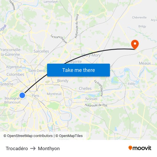 Trocadéro to Monthyon map