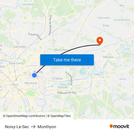 Noisy-Le-Sec to Monthyon map