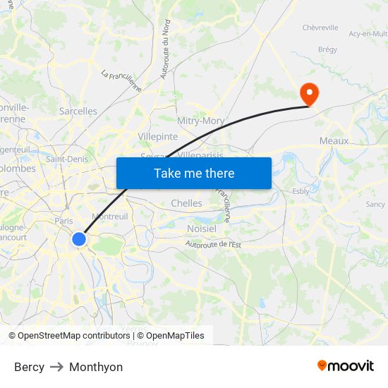 Bercy to Monthyon map
