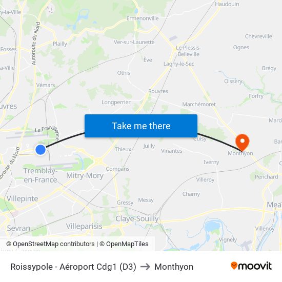 Roissypole - Aéroport Cdg1 (D3) to Monthyon map