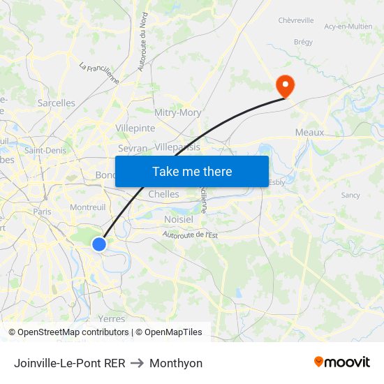 Joinville-Le-Pont RER to Monthyon map