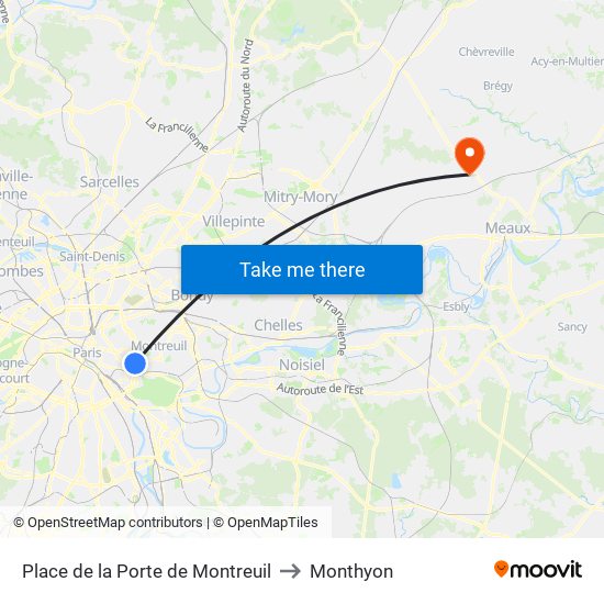Place de la Porte de Montreuil to Monthyon map