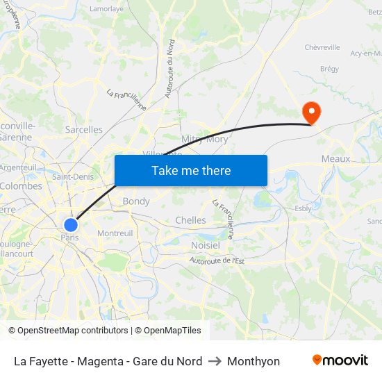 La Fayette - Magenta - Gare du Nord to Monthyon map