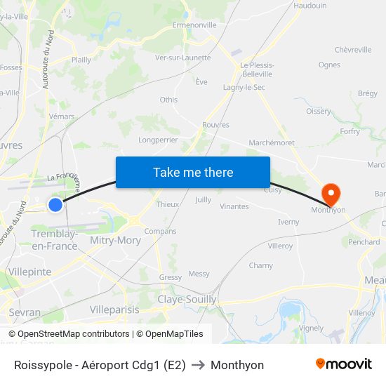 Roissypole - Aéroport Cdg1 (E2) to Monthyon map