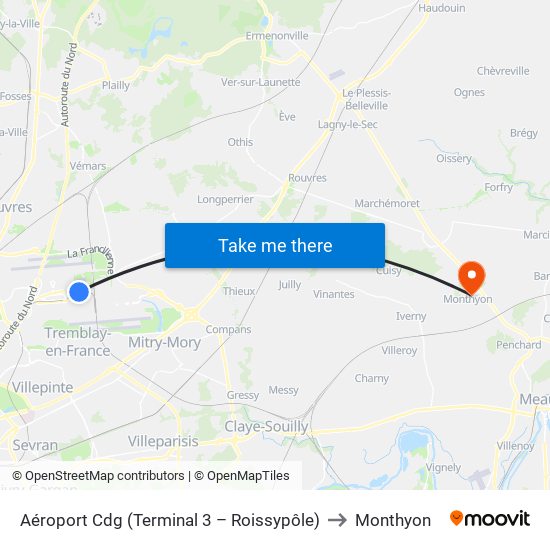 Aéroport Cdg (Terminal 3 – Roissypôle) to Monthyon map