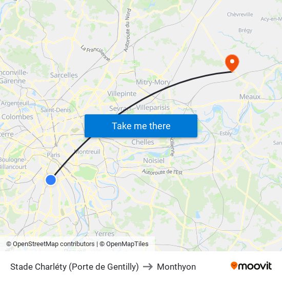 Stade Charléty (Porte de Gentilly) to Monthyon map