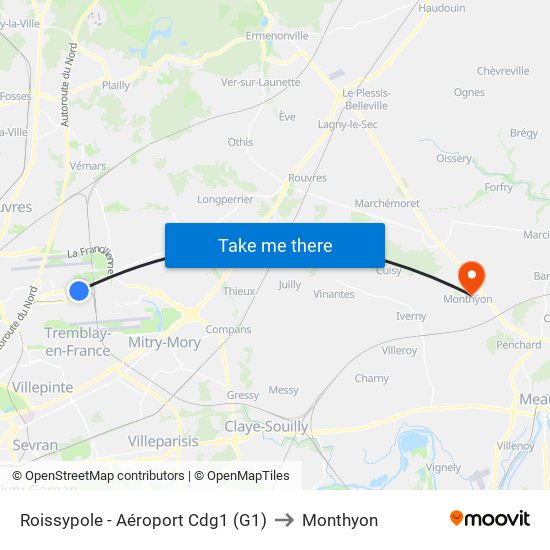 Roissypole - Aéroport Cdg1 (G1) to Monthyon map