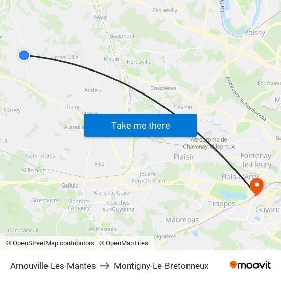 Arnouville-Les-Mantes to Montigny-Le-Bretonneux map