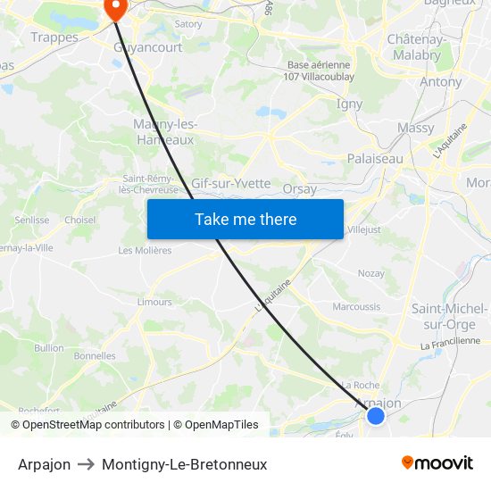 Arpajon to Montigny-Le-Bretonneux map