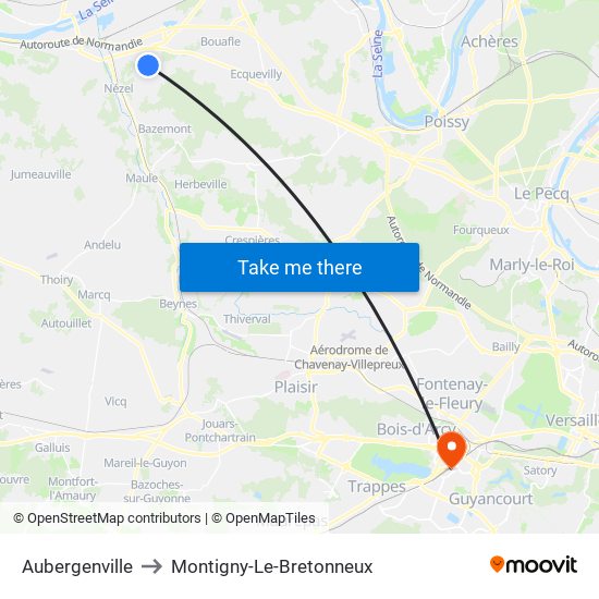 Aubergenville to Montigny-Le-Bretonneux map