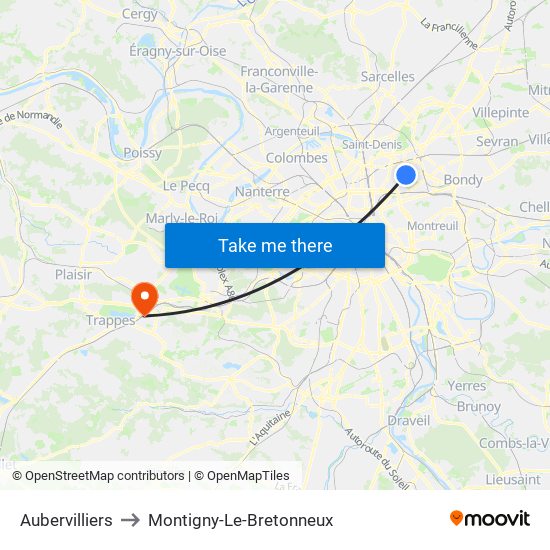 Aubervilliers to Montigny-Le-Bretonneux map